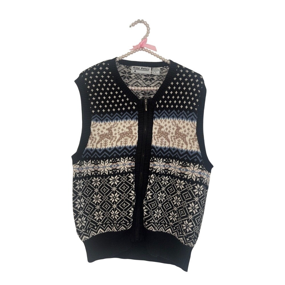 Gina Peters Vintage Fair Isle Reindeer Zip Up Sweater Vest Navy Blue XL